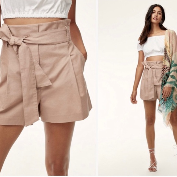 Aritzia Wilfred Marne Cairo Beige High Waisted Tie Front Paperbag Linen Shorts 8 - Picture 5 of 16